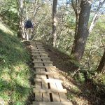 登りのきつくなった木道を行く登山者・8:22